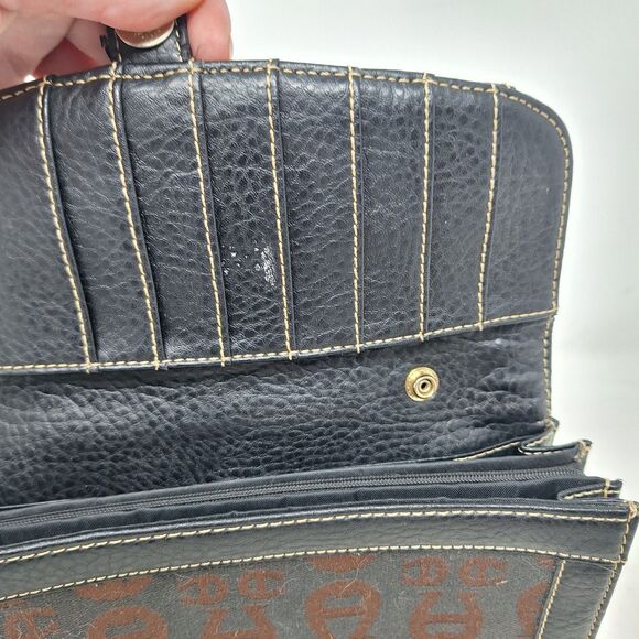 Etienne Aigner Brown Black Leather Signature Jacquard Accordian Snap Wallet - Picture 9 of 13